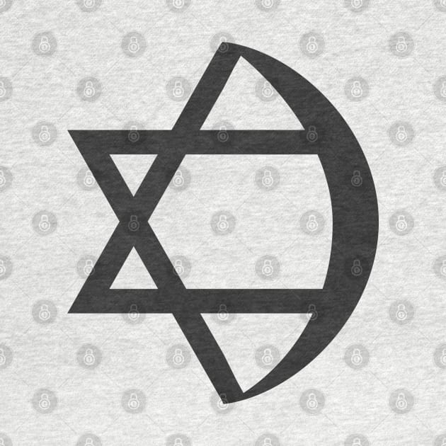 Combination of Star of David with Crescent religious symbols in black flat design icon by wavemovies